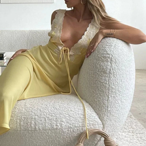 Vestido largo de vacaciones con ribete de encaje Y2K