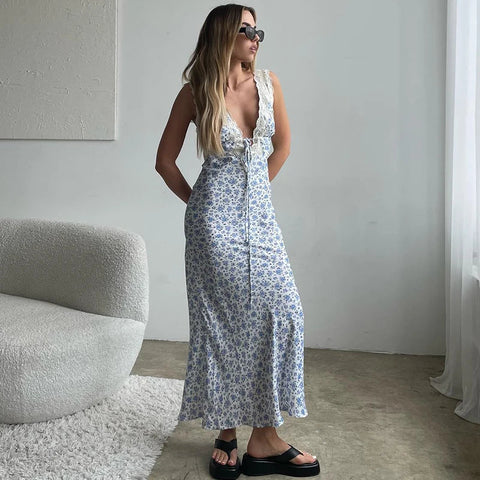 Vestido largo de vacaciones con ribete de encaje Y2K