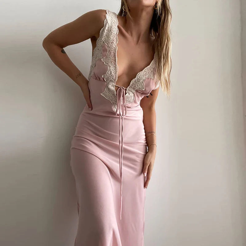 Vestido largo de vacaciones con ribete de encaje Y2K