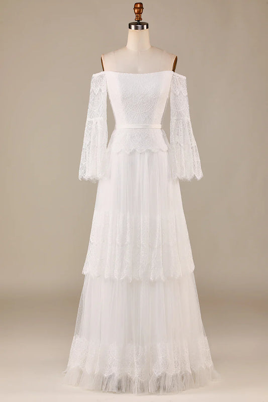 Tulle Tiered Off The Shoulder Wedding Dress with Lace