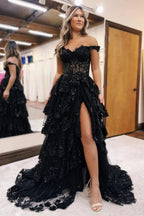 A-Line Off the Shoulder Tulle Tiered Long Corset Prom Dress with Slit