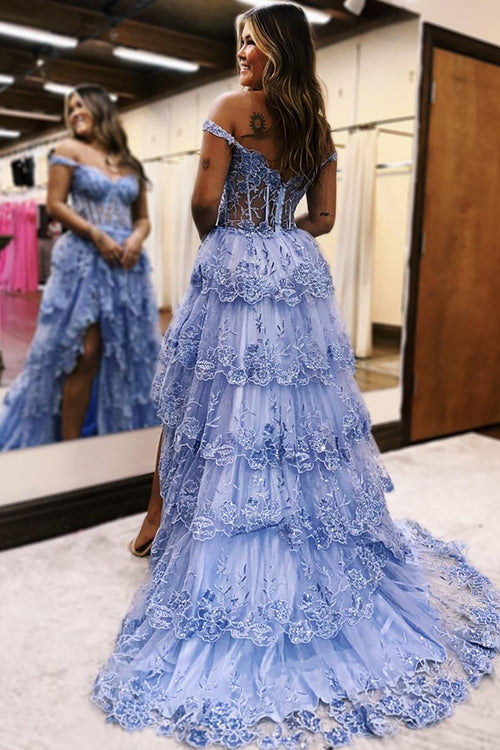 A-Line Off the Shoulder Tulle Tiered Long Corset Prom Dress with Slit