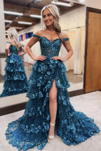 A-Line Off the Shoulder Tulle Tiered Long Corset Prom Dress with Slit