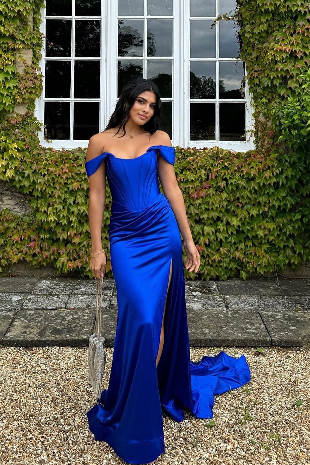 Mermaid Off the Shoulder Green Long Prom Dress with Split Front