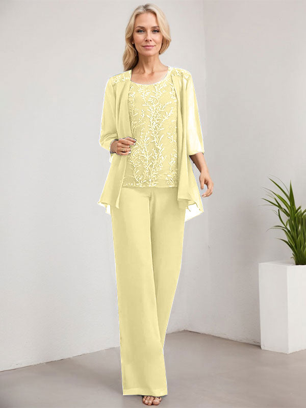 Zweiteiliger Jumpsuit/Hosenanzug, bodenlanges Chiffon-Kleid mit Spitze und Pailletten für die Mutter der Braut