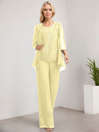 Zweiteiliger Jumpsuit/Hosenanzug, bodenlanges Chiffon-Kleid mit Spitze und Pailletten für die Mutter der Braut