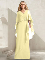 A-Linien-Kleid aus Chiffon mit V-Ausschnitt, bodenlang, mit Kaskadenrüschen und Perlenstickerei für die Mutter der Braut. 