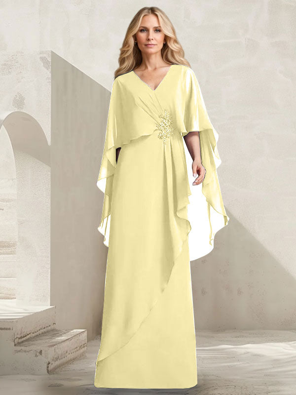 A-Linien-Kleid aus Chiffon mit V-Ausschnitt, bodenlang, mit Kaskadenrüschen und Perlenstickerei für die Mutter der Braut. 
