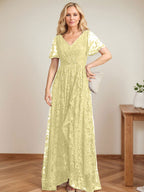 A-Linien-Kleid mit V-Ausschnitt, asymmetrischem Spitzenbesatz und Kaskadenrüschen für die Mutter der Braut 