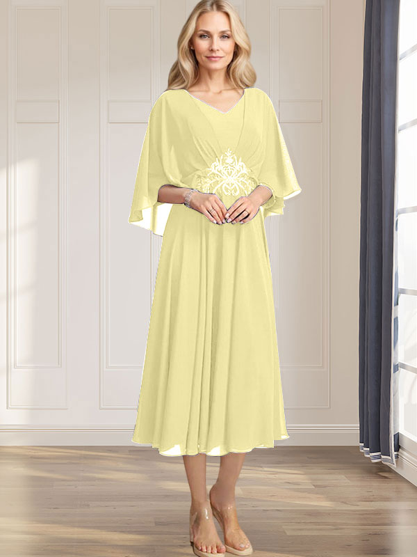 A-Linien-Kleid aus Chiffon mit V-Ausschnitt, Teelänge, plissierten Paillettenapplikationen und Perlenstickerei für die Mutter der Braut 