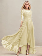 A-Linien-Kleid mit asymmetrischem Ausschnitt, Illusion-Effekt, Spitze und Chiffon, verziert mit plissierten Pailletten, ideal für die Mutter der Braut 