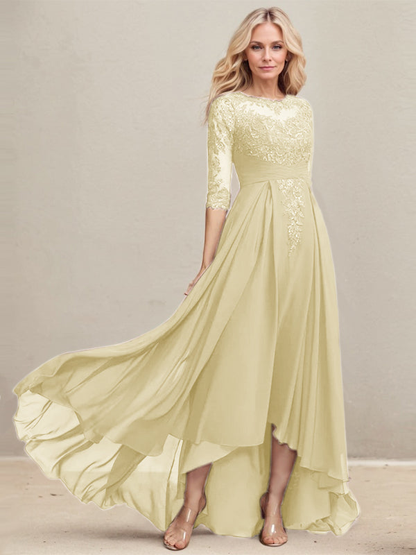 Vestido de madre de la novia de gasa con encaje asimétrico, ilusión, corte A y lentejuelas plisadas 