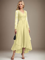 A-Linien-Kleid aus Chiffon mit V-Ausschnitt und asymmetrischer Spitze für die Mutter der Braut