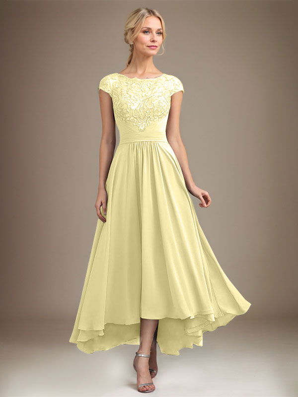 A-Linien-Kleid aus Chiffon mit asymmetrischem, plissiertem Spitzeneinsatz und Illusion-Ausschnitt für die Mutter der Braut 