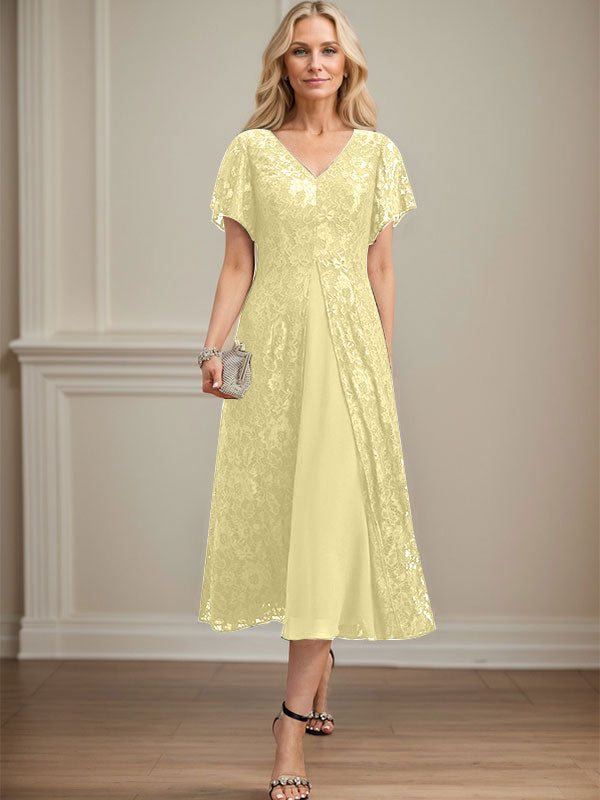 A-Linien-Kleid aus Chiffon mit V-Ausschnitt und Teelänge für die Mutter der Braut 