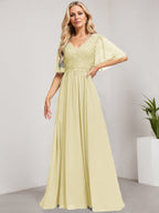 A-Linien-Kleid aus Chiffon mit V-Ausschnitt, bodenlang, mit Pailletten besetzt – ideal für die Mutter der Braut 
