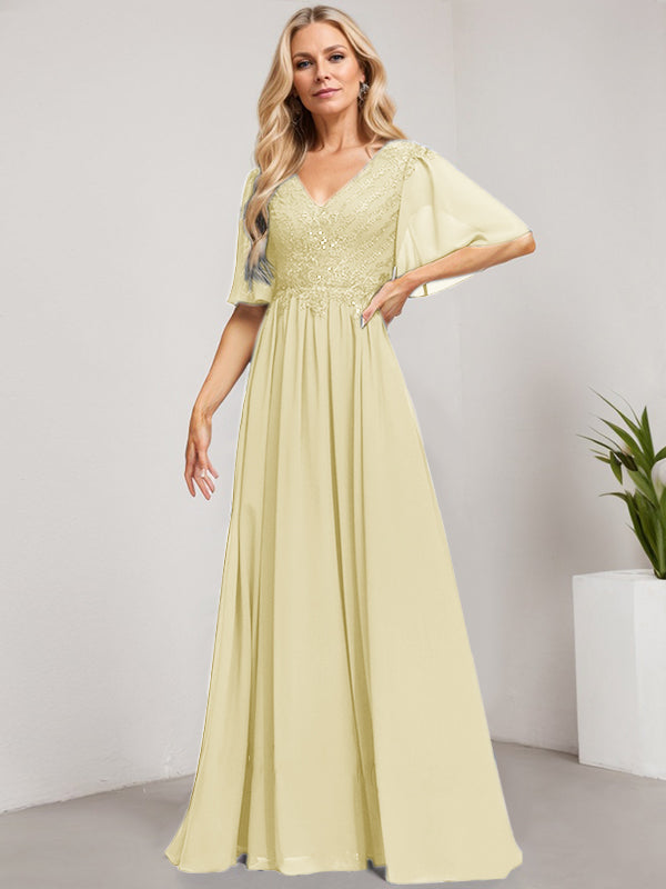 Vestido de gasa con encaje y lentejuelas para madre de la novia, corte A, escote en V y largo hasta el suelo 