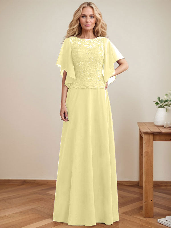 Vestido de madre de la novia de gasa con encaje, ilusión, largo hasta el suelo, corte A y lentejuelas 