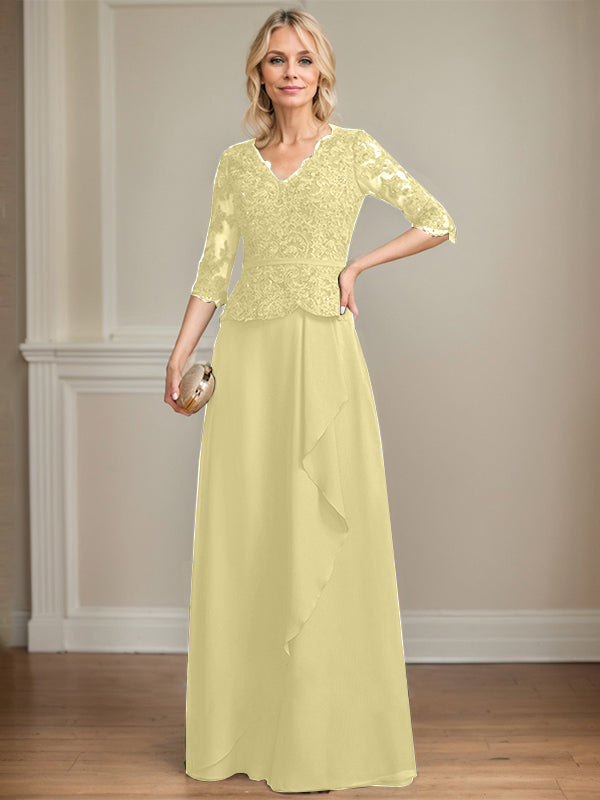 Vestido de gasa con encaje y escote en V hasta el suelo para madre de la novia con volantes en cascada y lentejuelas 