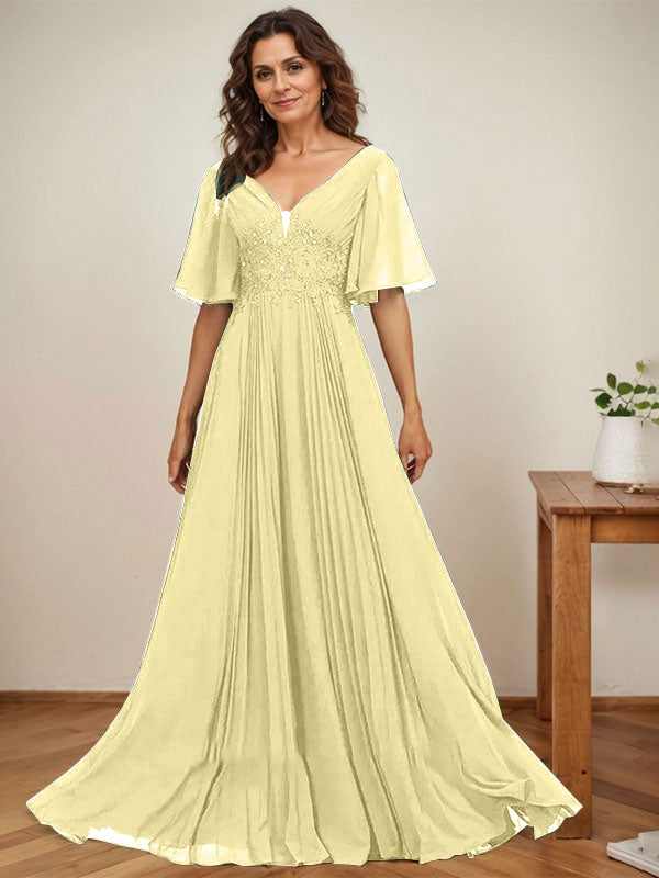 A-Linien-Kleid aus Chiffon mit V-Ausschnitt, bodenlang, mit Paillettenapplikationen, Spitze und Falten für die Mutter der Braut 