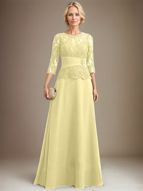Vestido de gasa con encaje y escote en A, ilusión, largo hasta el suelo, para madre de la novia, con lentejuelas plisadas y abalorios 