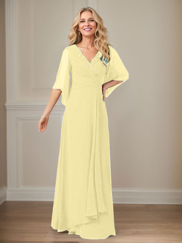 Langes Pailletten-Chiffon-Kleid in A-Linie mit V-Ausschnitt für die Mutter