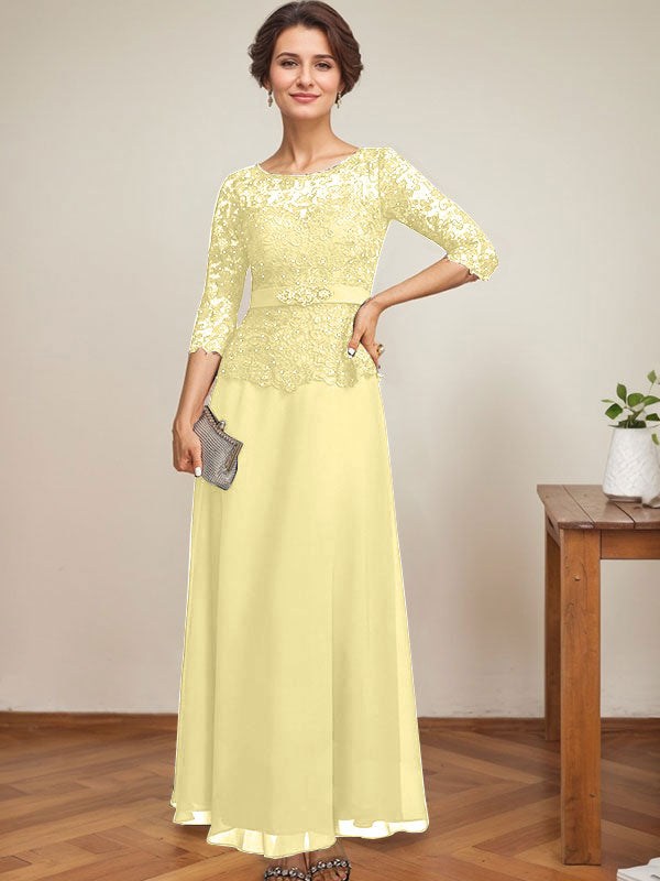 Vestido de gasa con encaje y escote ilusión hasta los tobillos para madre de la novia con cuentas de diamantes de imitación 