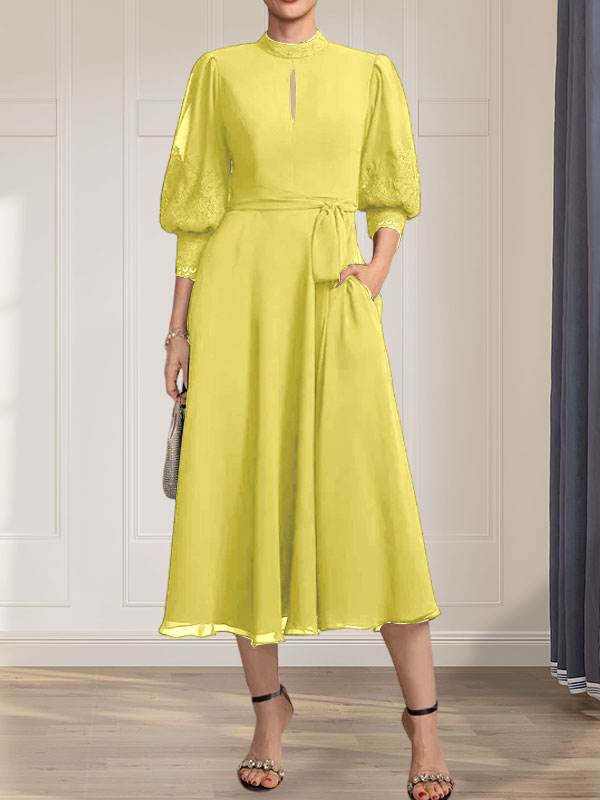 A-Linien-Kleid aus Chiffon mit hohem Kragen, Teelänge und Spitze für die Mutter der Braut, verziert mit einer Schleife