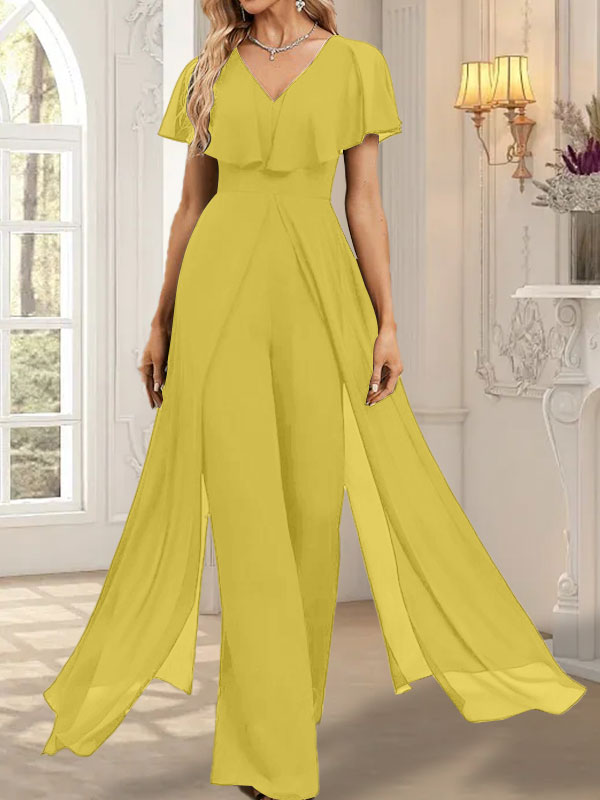Vestido de noche de gasa con escote en V y largo hasta el suelo, tipo mono/pantalón