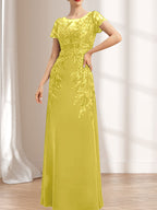 Etuikleid/Säulenkleid mit Illusion-Ausschnitt, bodenlang, aus Chiffon und Spitze mit Pailletten für die Mutter der Braut