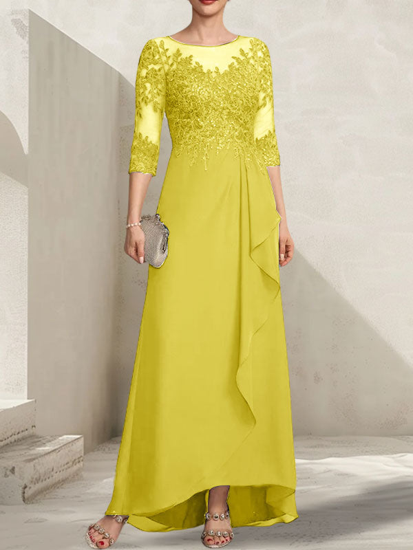 Vestido de madre de la novia de gasa con encaje asimétrico, ilusión, corte A y escote redondo con lentejuelas y volantes en cascada
