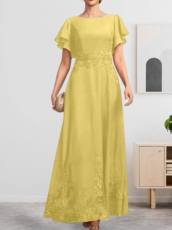 A-Linien-Kleid mit Rundhalsausschnitt, knöchellang, aus Spitze und Chiffon, mit Pailletten besetzt