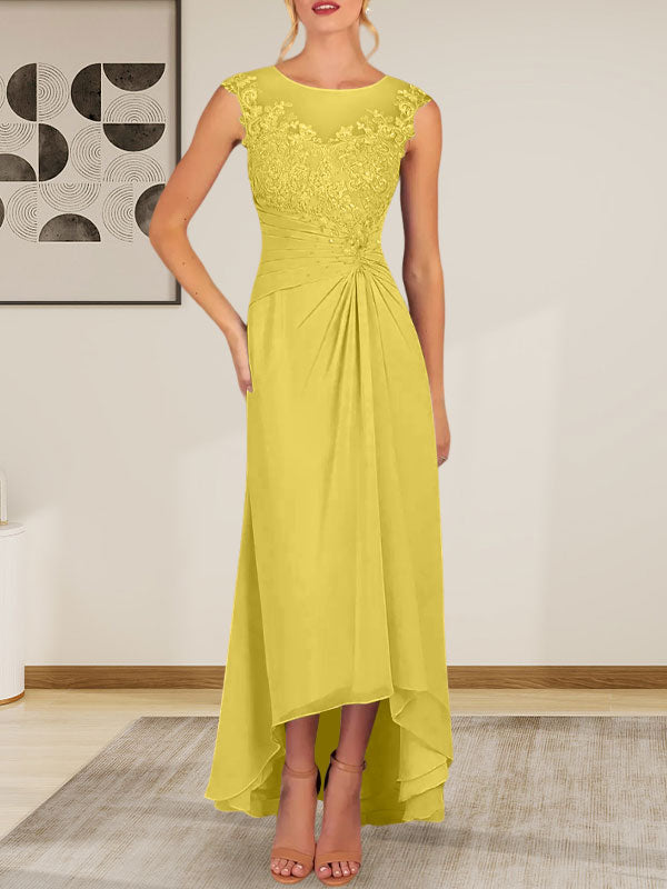 Champagnerfarbenes A-Linien-Chiffonkleid mit Rundhalsausschnitt und Spitze