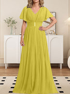 A-Linien-Chiffonkleid mit V-Ausschnitt, bodenlang, für die Mutter der Braut, mit Kristallbrosche und Falten 