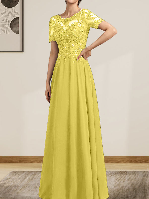 Vestido de gasa con encaje y lentejuelas para madre de la novia, largo hasta el suelo, con escote en A y ilusión