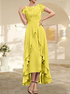 A-Linien-Kleid mit asymmetrischem Chiffon-Spitzenausschnitt, Schleife, Rüschen und Pailletten für die Mutter der Braut 