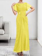 A-Linien-Chiffonkleid mit Rundhalsausschnitt, knöchellang, mit Perlenstickerei und Falten für die Mutter der Braut