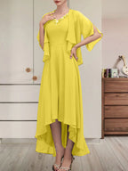 A-Linien-Kleid aus Chiffon mit V-Ausschnitt, asymmetrischem Muster und Perlen- und Paillettenbesatz für die Mutter der Braut