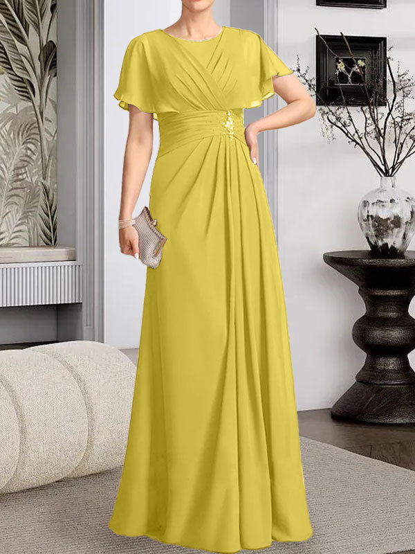 A-Linien-Kleid aus Chiffon mit Rundhalsausschnitt und bodenlanger Verarbeitung, verziert mit plissierten Perlen.