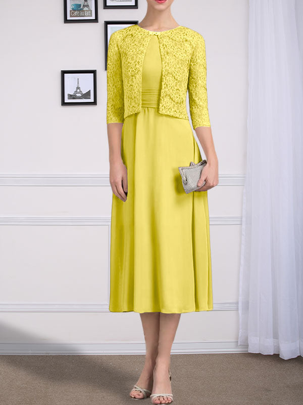 Vestido de gasa para madre de la novia, corte A, escote redondo, largo hasta la rodilla, con pliegues