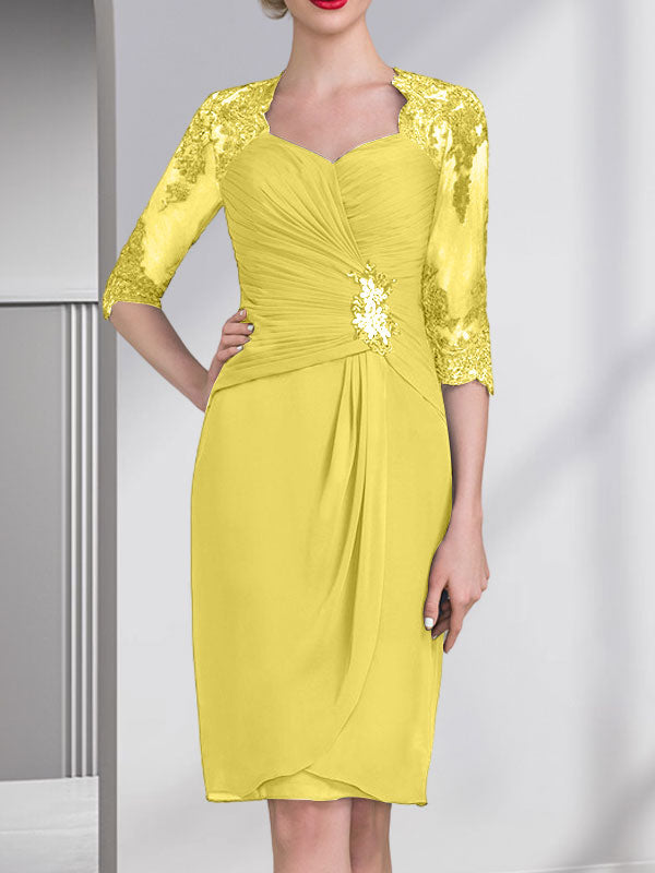 Etuikleid/Säulenkleid mit Herzausschnitt, knielang, aus Chiffon für die Mutter der Braut mit Perlenapplikationen, Spitze, Pailletten und Falten