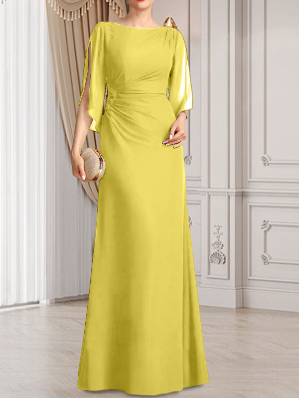 Etui-/Säulen-Chiffonkleid in Bodenlänge für die Mutter der Braut mit plissierter Perlenstickerei