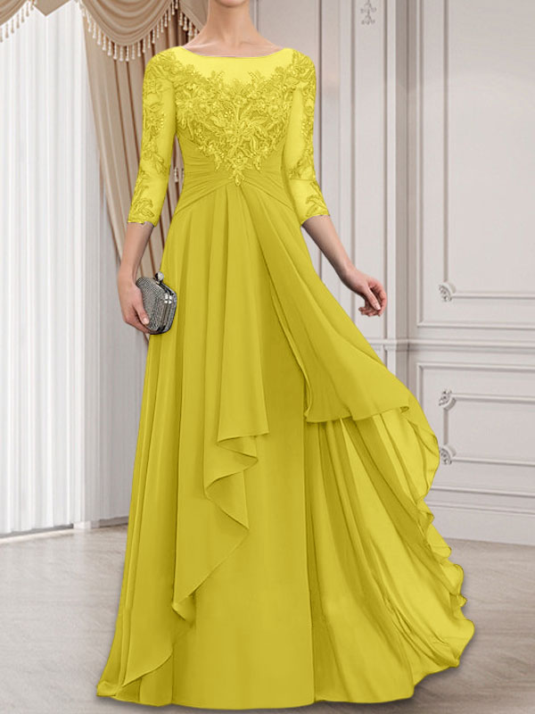 Vestido de gasa con encaje y volantes en cascada para madre de la novia, corte A, escote ilusión, largo hasta el suelo