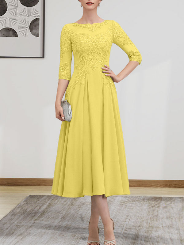 A-Linien-Kleid mit U-Boot-Ausschnitt, Illusion-Detail, Teelänge, Chiffonspitze, Perlenstickerei und Pailletten für die Mutter der Braut
