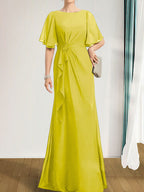 A-Linien-Kleid aus Chiffon in Bodenlänge für die Mutter der Braut mit kaskadenartigen Rüschen, Perlen und Pailletten