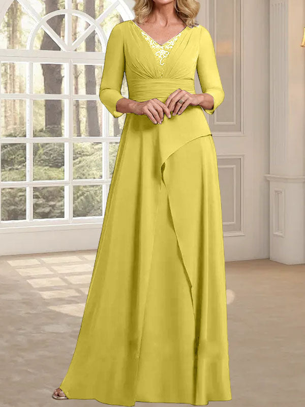 A-Linien-Kleid aus Chiffon mit V-Ausschnitt, bodenlang, für die Mutter der Braut, mit plissierter Perlenstickerei