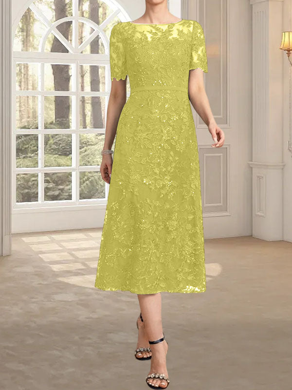 A-Linien-Kleid mit Rundhalsausschnitt, Illusion-Ausschnitt, Teelänge, Spitze und Pailletten für die Mutter der Braut
