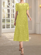 A-Linien-Kleid mit Rundhalsausschnitt, Illusion-Ausschnitt, Teelänge, Spitze und Pailletten für die Mutter der Braut