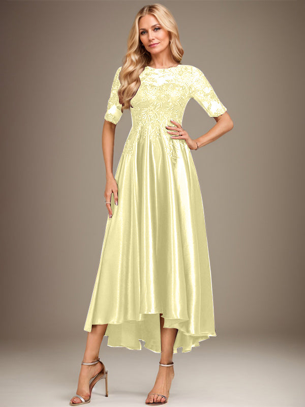 Vestido de madre de la novia de encaje satinado elástico asimétrico con ilusión de escote en A y lentejuelas 