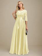 A-Linien-Kleid mit Illusion-Ausschnitt, bodenlang, aus Stretch-Satin und Spitze, verziert mit Schleife und Pailletten, für die Mutter der Braut 